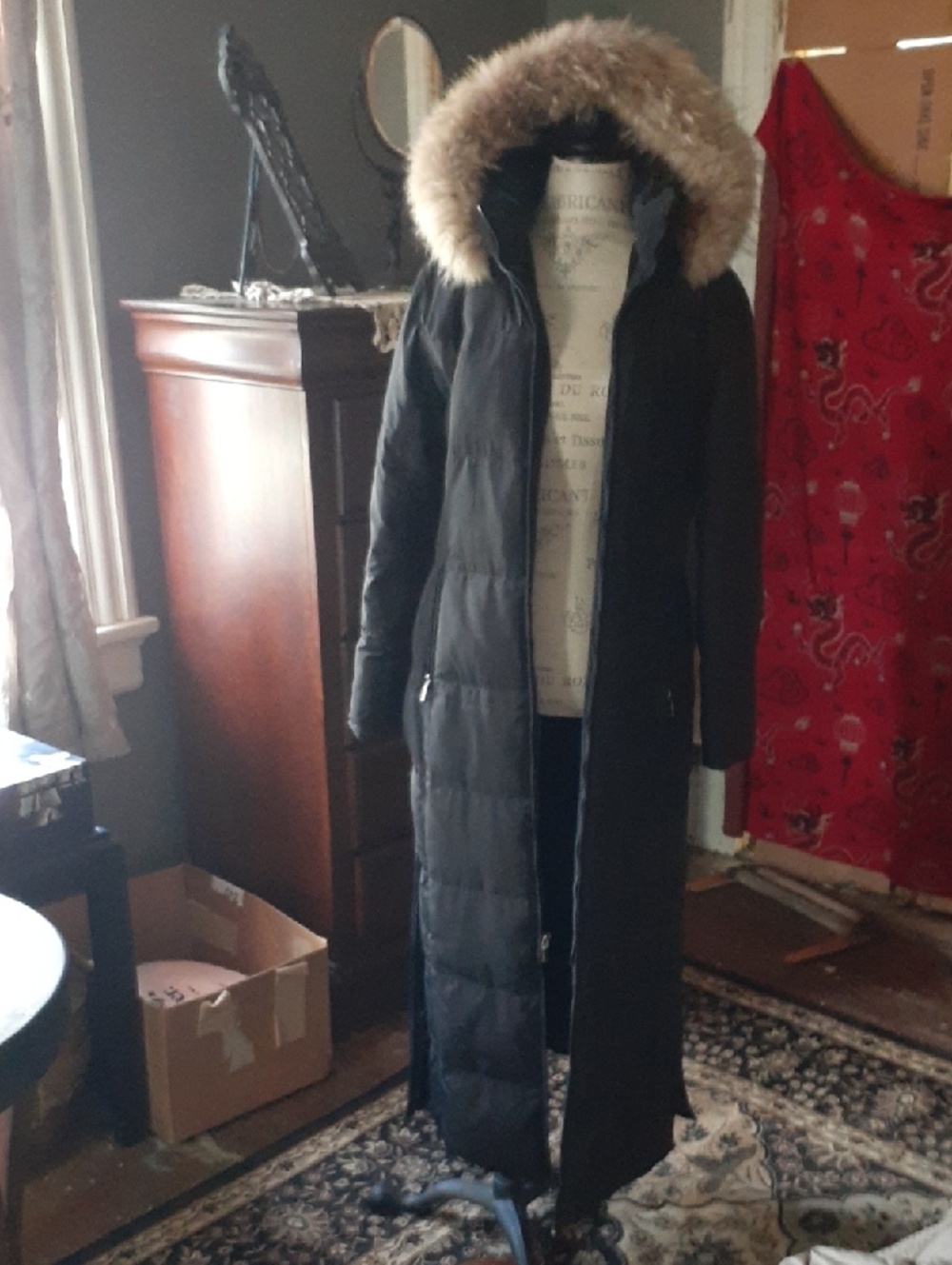 Anne Klein Black Long Puffer Coat with Faux Fur Hood